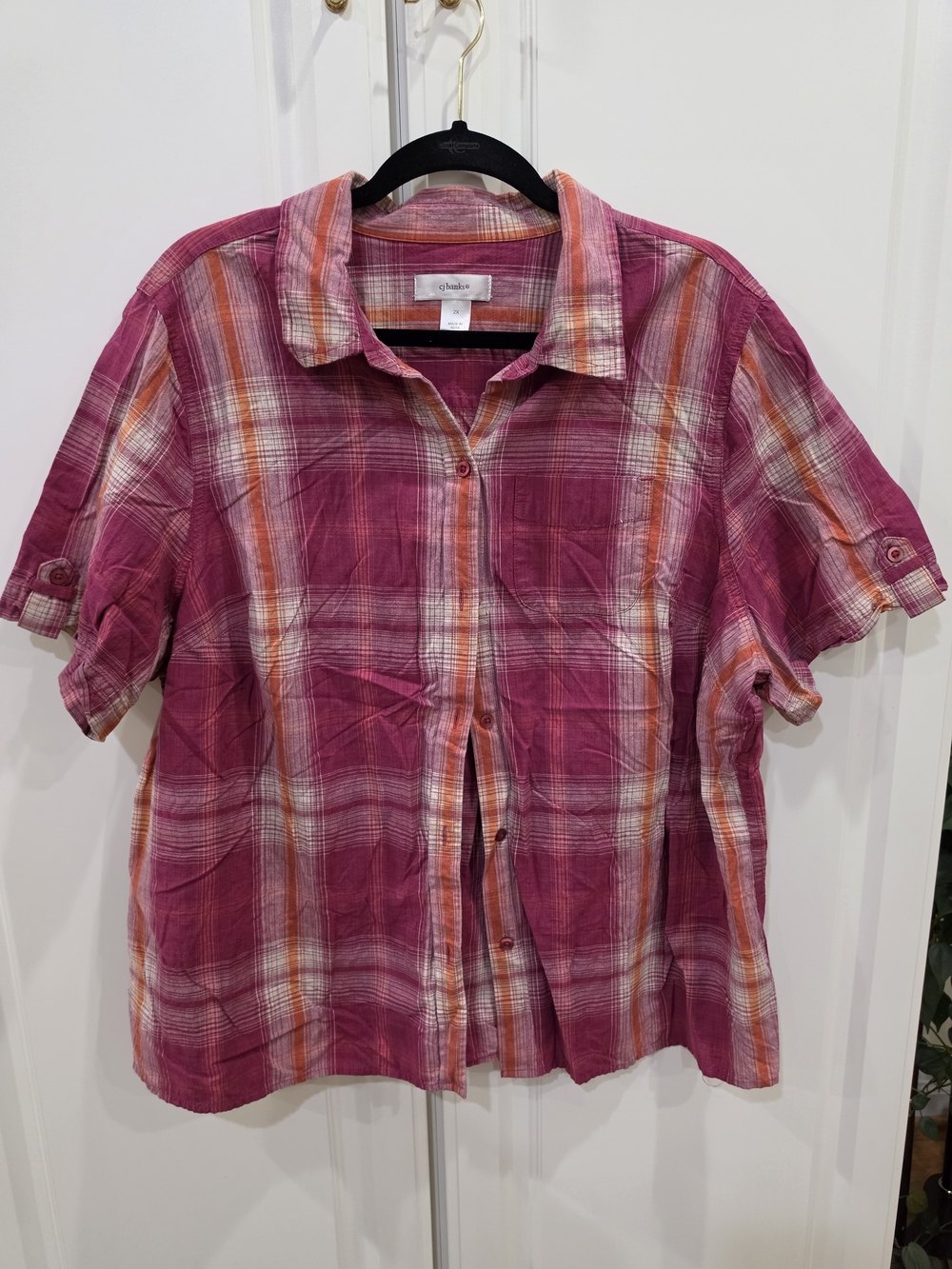 CJ Banks Pink Plaid Short-Sleeve Button-Down Shirt